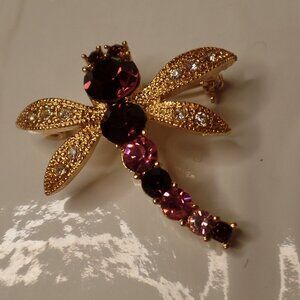 Vintage Dragonfly Insect Bug Purple & Pink Gold Tone Rhinestone Brooch Pin
